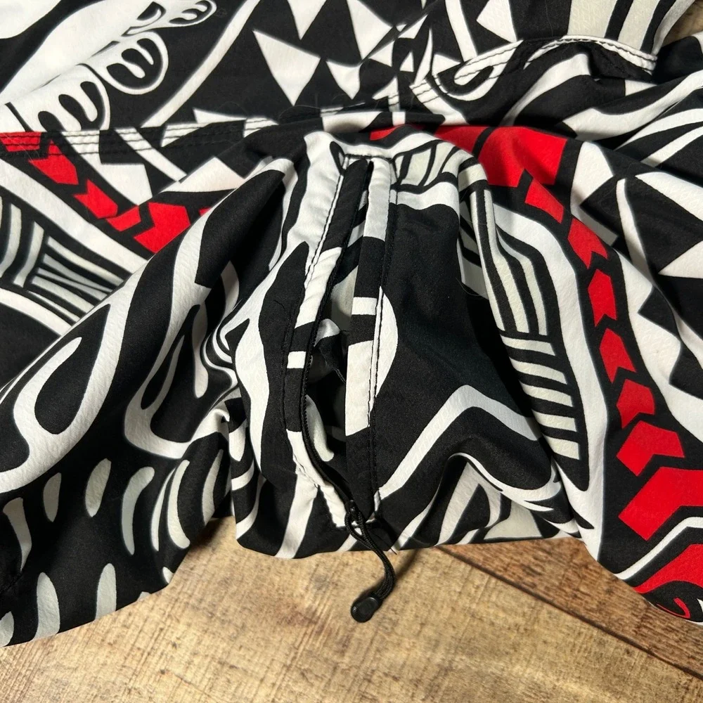 Quiksilver Black Red White Tribal Board Shorts Swim Trunks Zipper Pocket 34